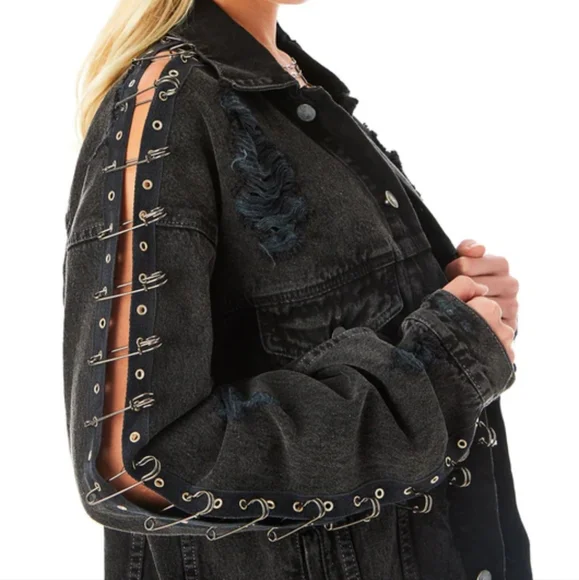 Carmar Audrey Safety Pin Sleeve Shredded Black Denim Jacket - Picture 5 of 10